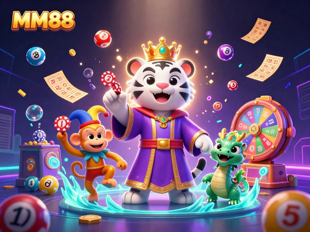 Experience the excitement of MM88 with vibrant games and rich prizes in this dynamic illustration.