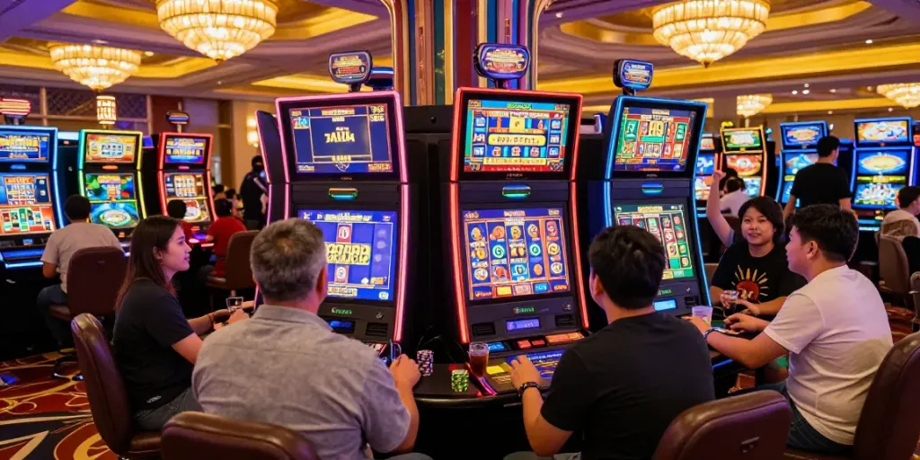 Exciting raja slot players at a vibrant casino, showcasing diverse gaming experiences.