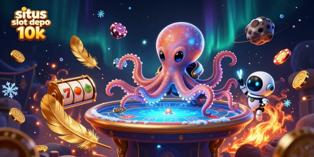 Win big with situs slot depo 10k; a vibrant 3D illustration of an alien octopus at a holographic poker table.