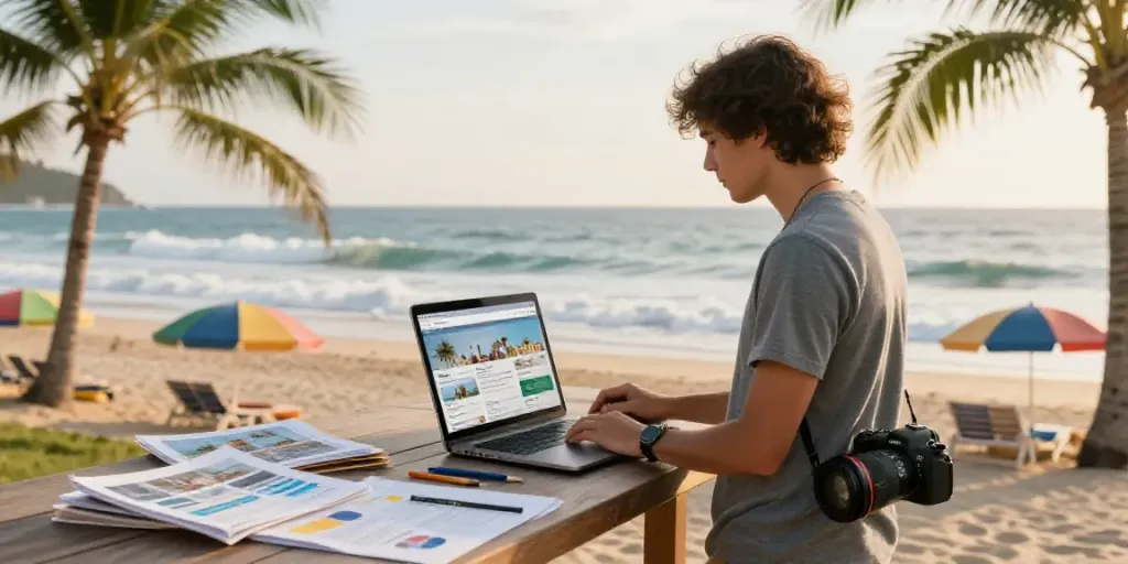AI writing tools for travel businesses used by a traveler on a beach.