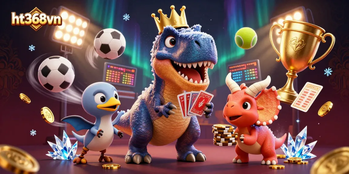 Play exciting games at ht368vn while a dinosaur counts winnings at a dynamic casino scene.