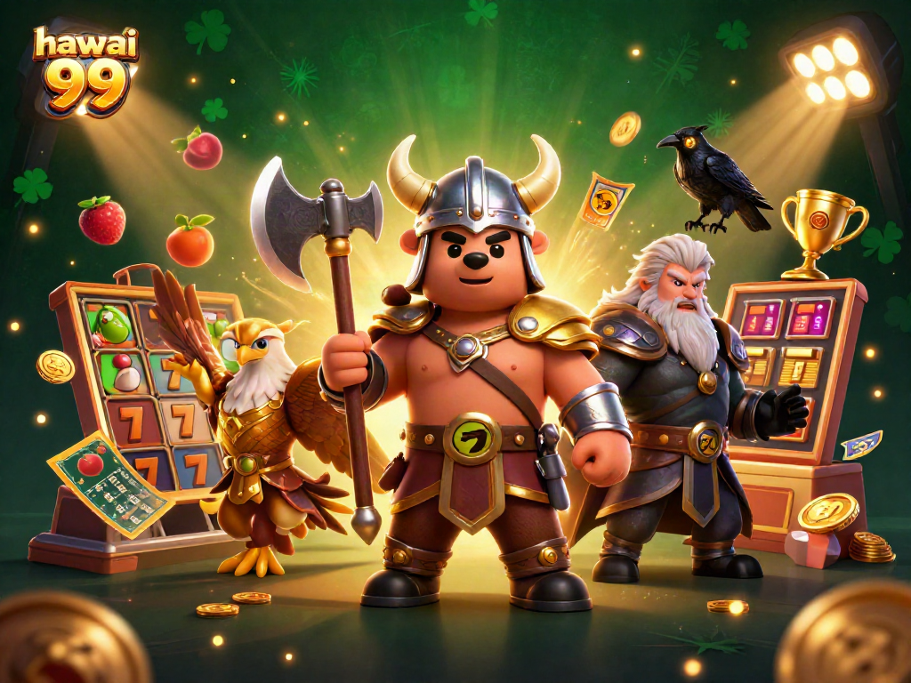 Play exciting slots with hawai 99's Viking bear and Valkyrie eagle in a dynamic casino scene.