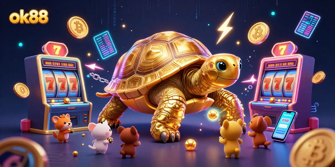 Experience thrilling casino vibes with ok88, featuring a golden tortoise pinball and neon coins.