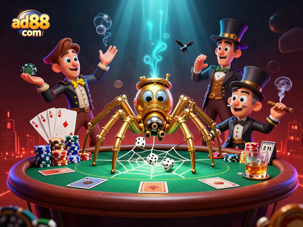 Catch the action at ad88 com with a captivating steampunk spider poker scene.
