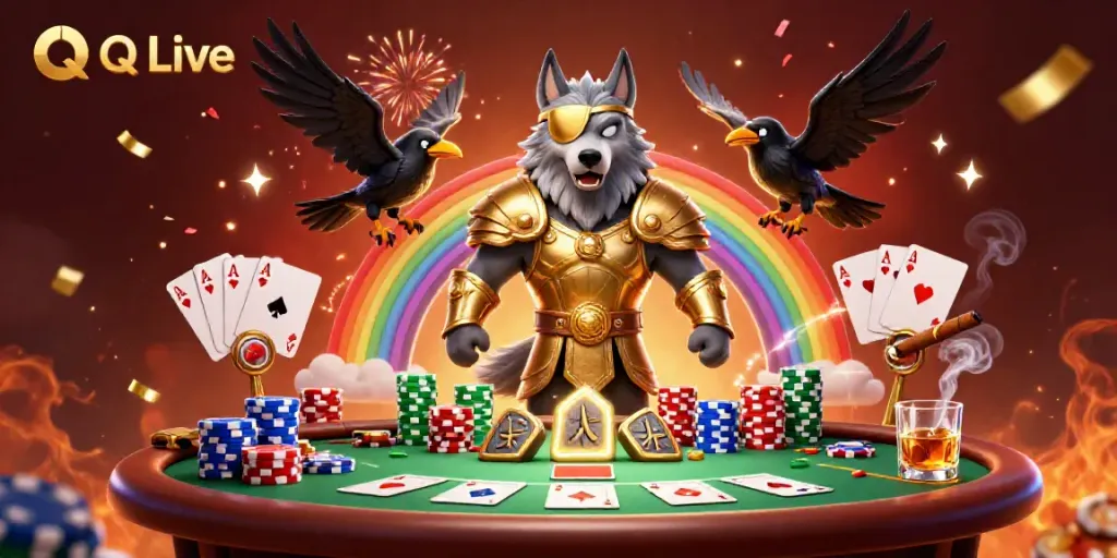 Experience thrilling gameplay with QQ Live at a lavish casino, showcasing vivid characters and abundant poker elements.