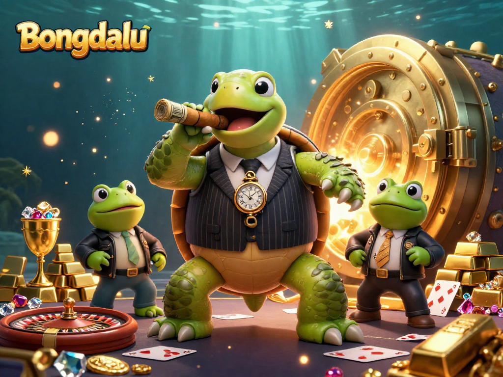 Bongdalu showcases a snapping turtle in a suit with gaming elements like roulette and treasures.