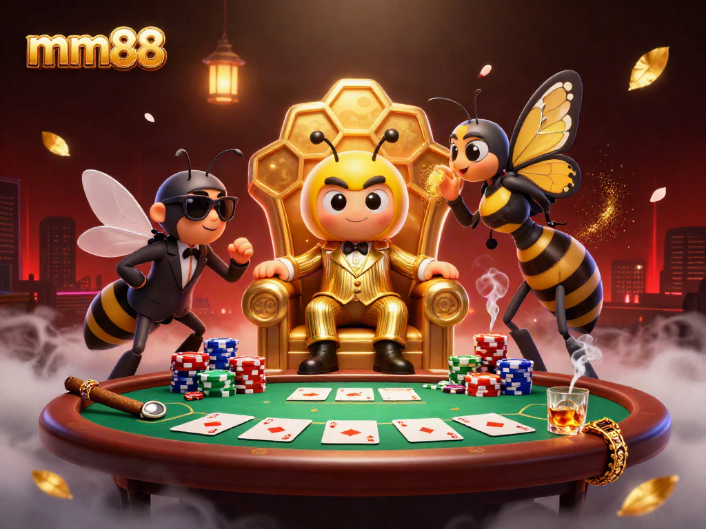 Experience exciting poker action with mm88's vibrant 3D casino scene featuring a buzzing bumblebee mob boss.