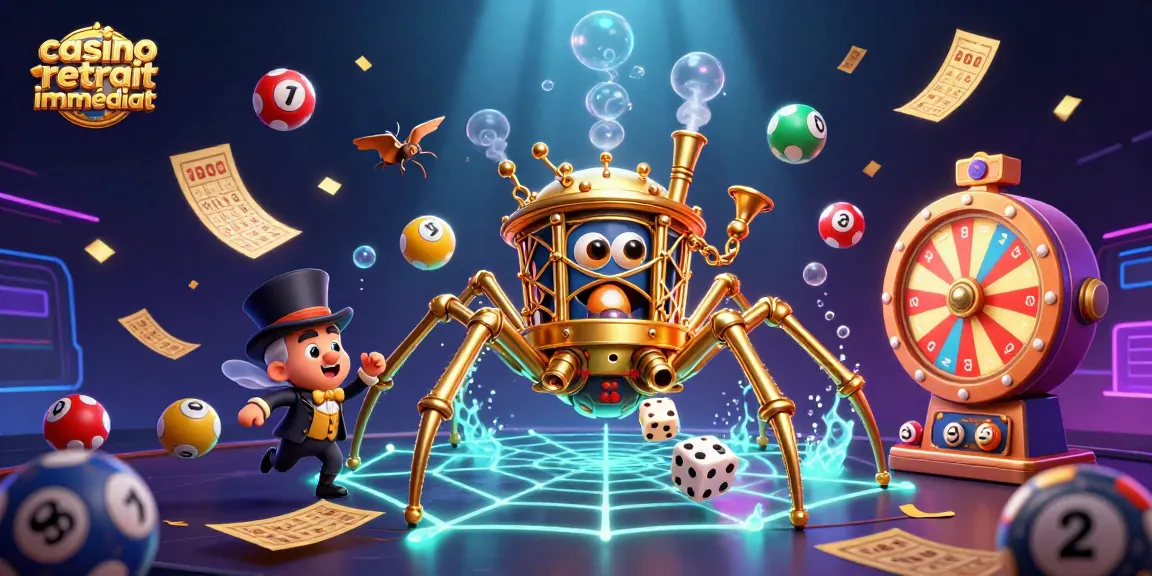 Illustration dynamique illustrant le casino retrait immédiat avec des éléments ludiques et des pièces dorées.