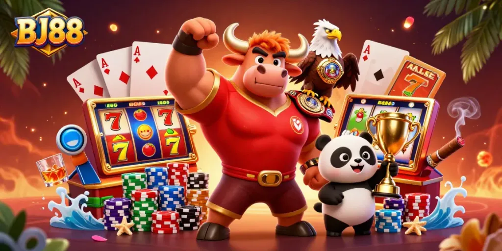 BJ88 showcases victory with a colorful casino scene, featuring a bull mascot, eagle, panda, and dynamic slot graphics.
