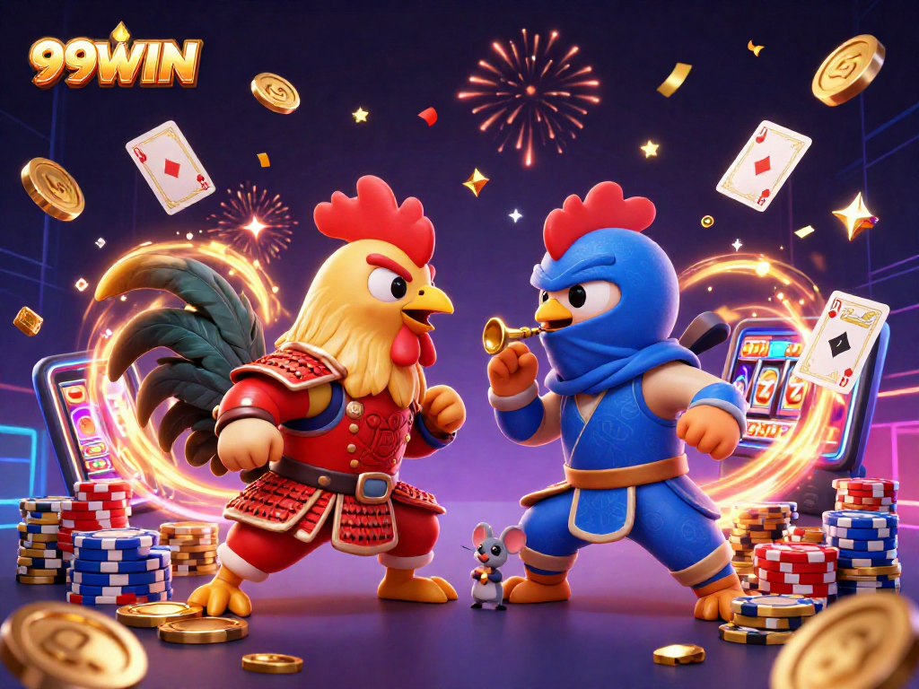 Win thrilling prizes at 99WIN during the ultimate rooster showdown in this vibrant casino scene!