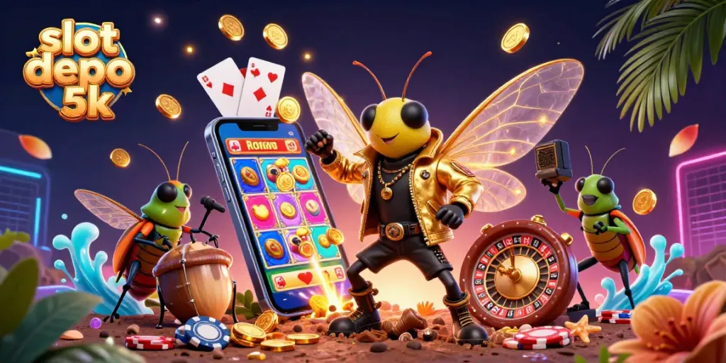 Experience the excitement of slot depo 5k as a cicada rock star and friends celebrate in a vibrant casino scene.