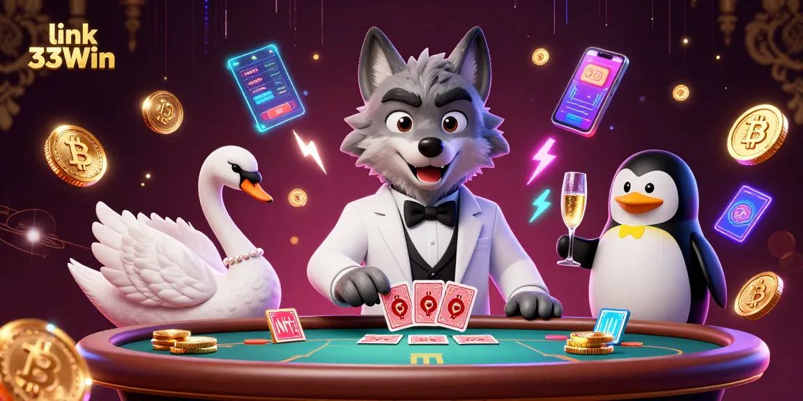 Join the excitement at link 33Win with a vibrant scene of a wolf, swan, and penguin in a lavish casino.