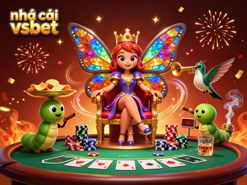 Engage with the vibrant scene of nhà cái vsbet showcasing a colorful casino environment with a butterfly queen and gaming elements.