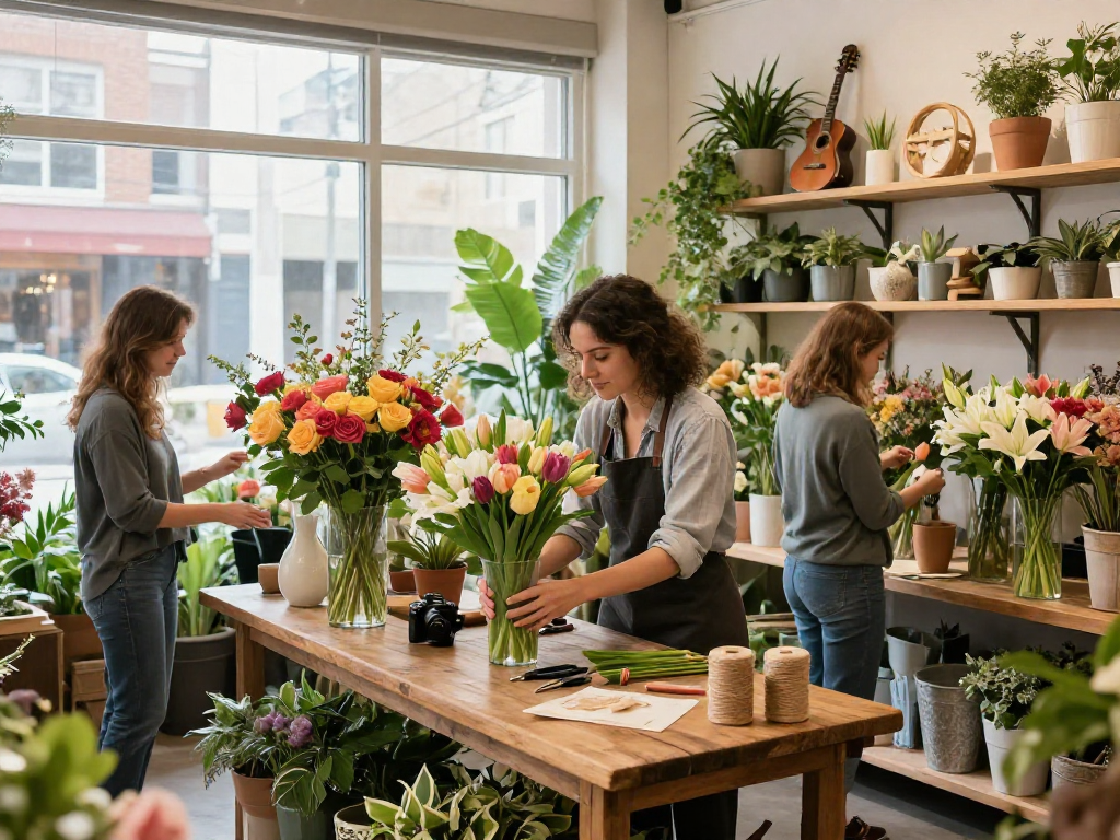 Florist creating beautiful flower arrangements in a vibrant shop, showcasing seasonal blooms including roses, tulips, and lilies.