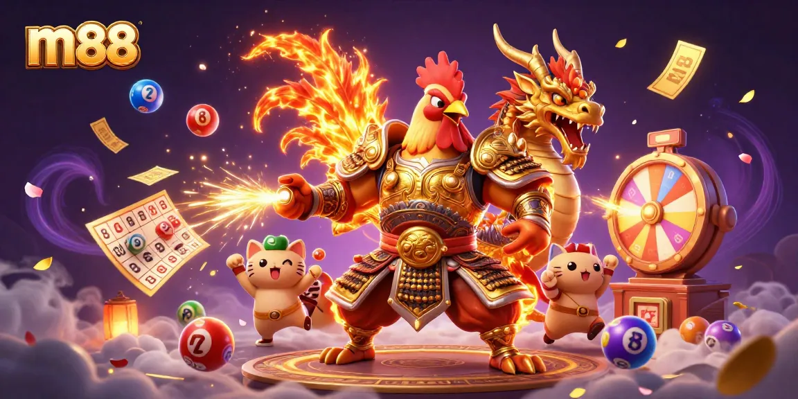 Experience thrilling m88 action with a rooster warrior, armored dragon, and a fortune cat amidst vibrant lottery elements.
