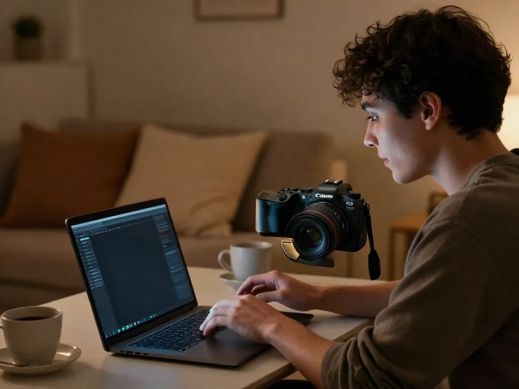 A person enjoying ai sex chat with a lifelike AI character on a laptop, cozy setting.