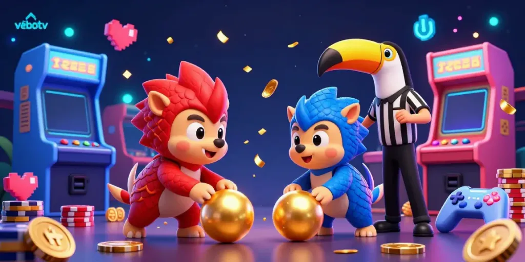 Experience the thrill of vebotv as rival pangolins roll through a vibrant casino scene filled with golden balls and poker chips.