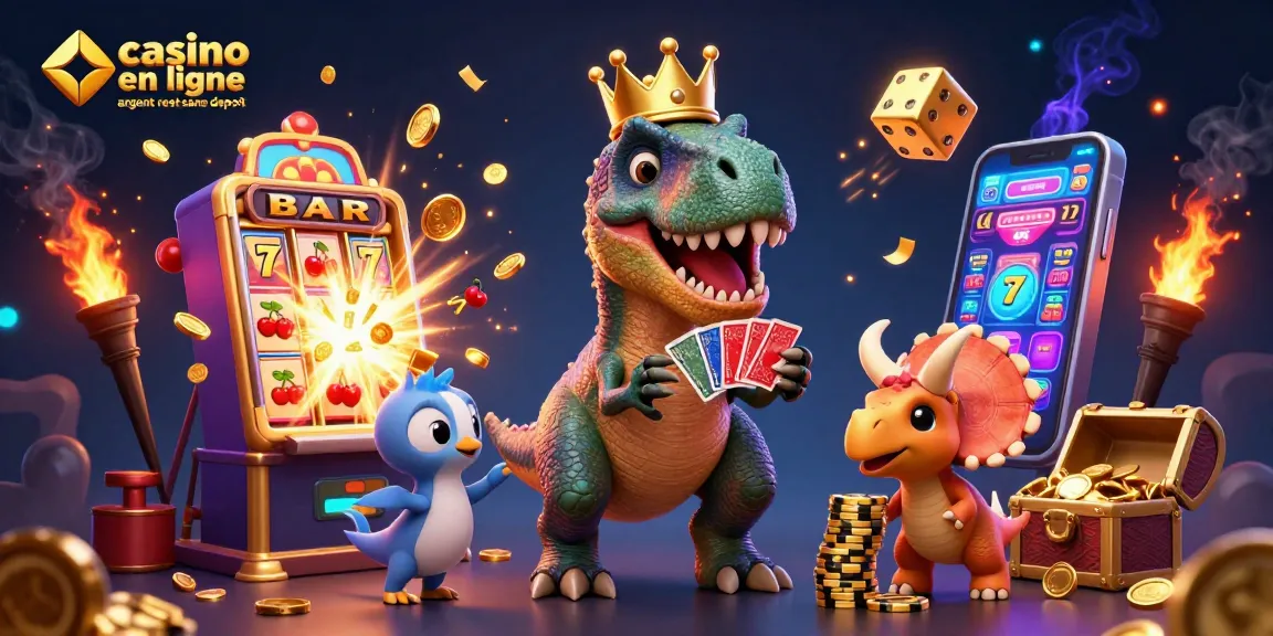 Jouez au casino en ligne argent réel sans dépôt avec un T-Rex et un Tricératops dans une scène dynamique.