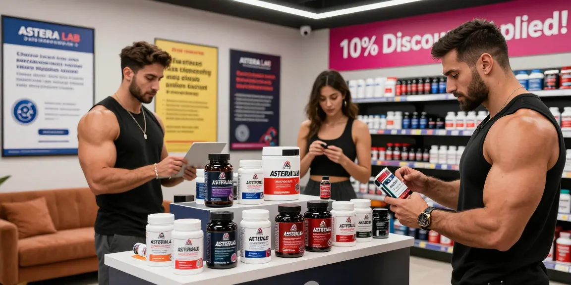 Engaging Astera Shop display with fitness enthusiasts reviewing lab-tested steroids, showcasing a 10% discount offer.