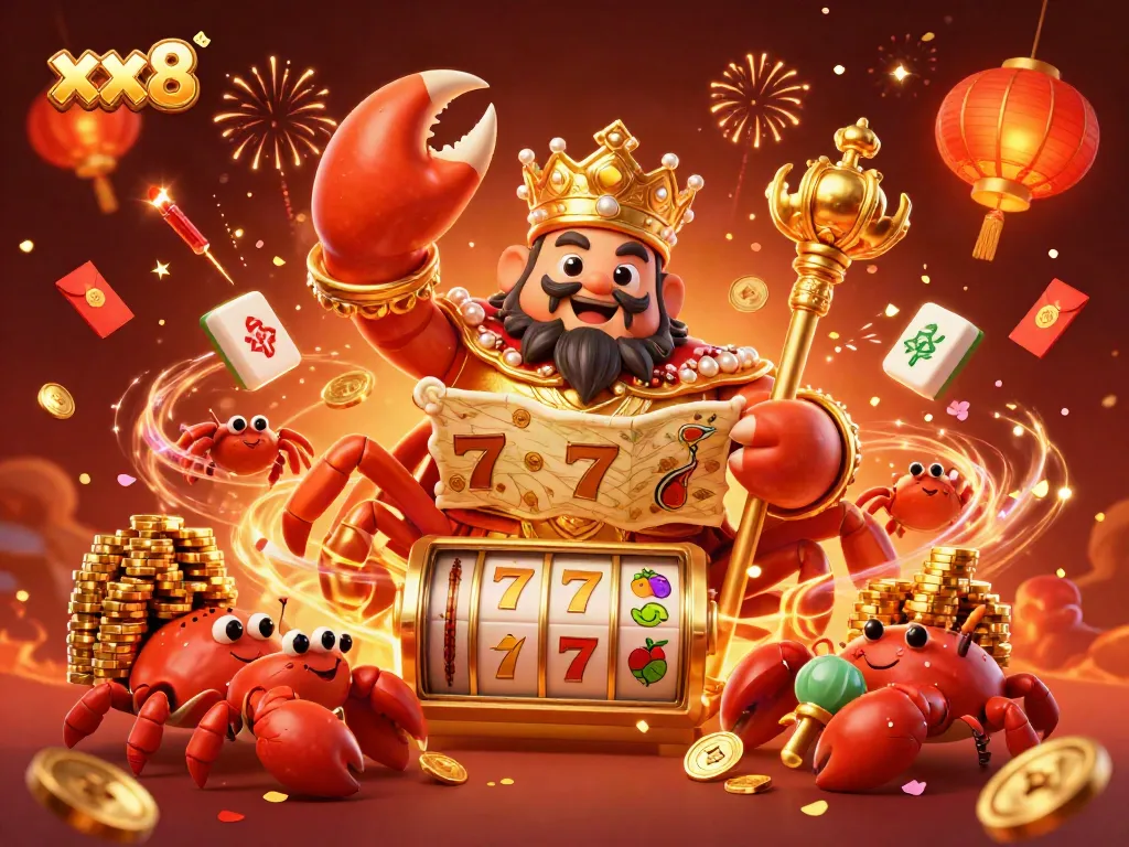 Engage with the elite gaming experience at xx8, featuring a golden crab emperor amidst vibrant casino elements.