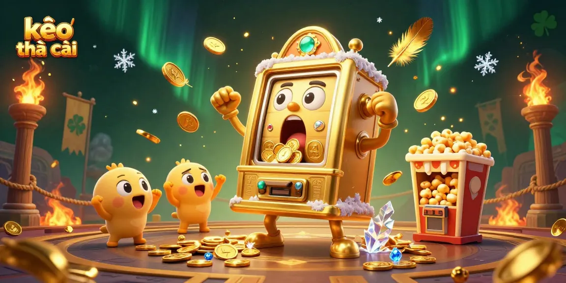 Experience kèo nhà cái excitement with a lively golden slot machine hitting a jackpot amidst coins and cheerful friends.