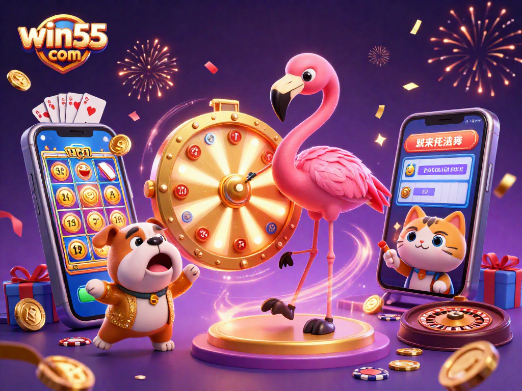 Spin to win at win55 com with interactive game show characters in a vibrant 3D casino scene.