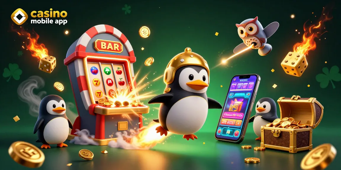 Lancez le casino mobile app avec un manchot doré propulsé par fusée dans un univers coloré.
