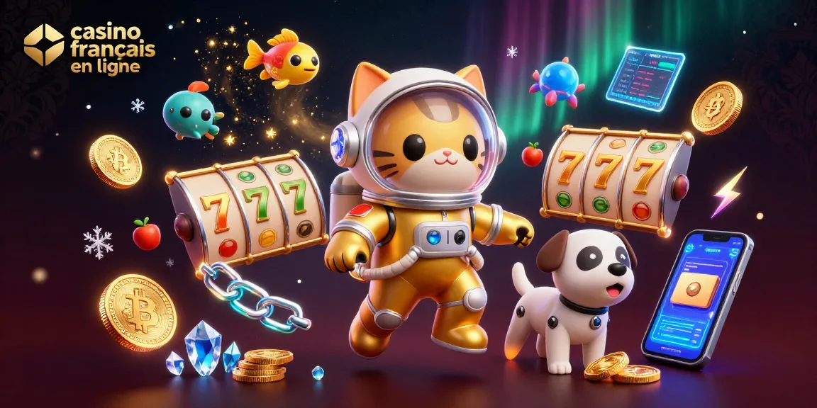 Jouez à des jeux au casino français en ligne avec une illustration de chat astronaute et des symboles de jackpot.
