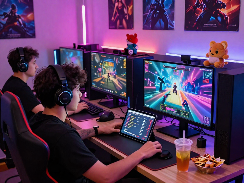 Engaged players enjoying various porn games in a vibrant gaming room, showcasing a lively atmosphere and interactive gaming setup.