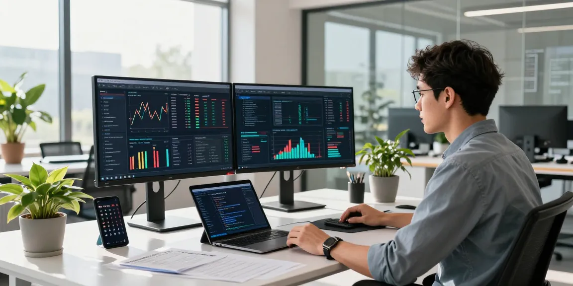 Developer analyzing agricultural high frequency API data streams in a modern fintech workspace.