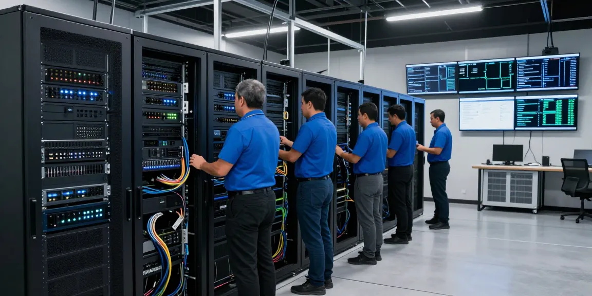 Dedicated servers en Mexico in a high-tech data center environment with technicians managing server hardware.