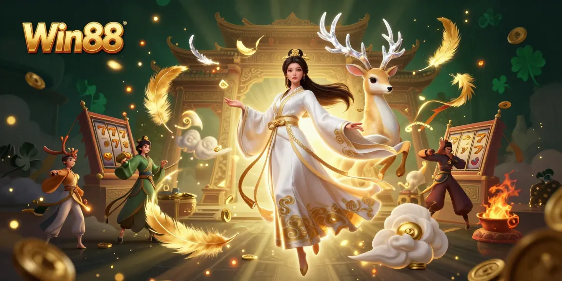 Win88 players engaging with vibrant slot games amidst a mystical 3D casino setting.