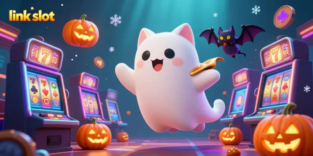 Experience the thrilling world of link slot as a friendly ghost cat and bat companion navigate a colorful casino filled with games.