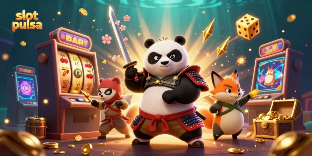 Permainan slot pulsa meriah dengan panda samurai dan rubah ninja, jackpot melimpah di tengah keceriaan.