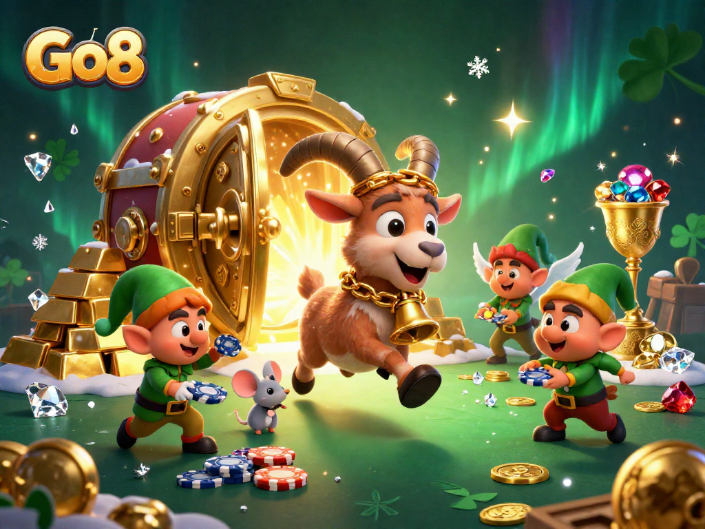 Go8 casino illustration showcasing vibrant characters and dynamic gold elements in action.