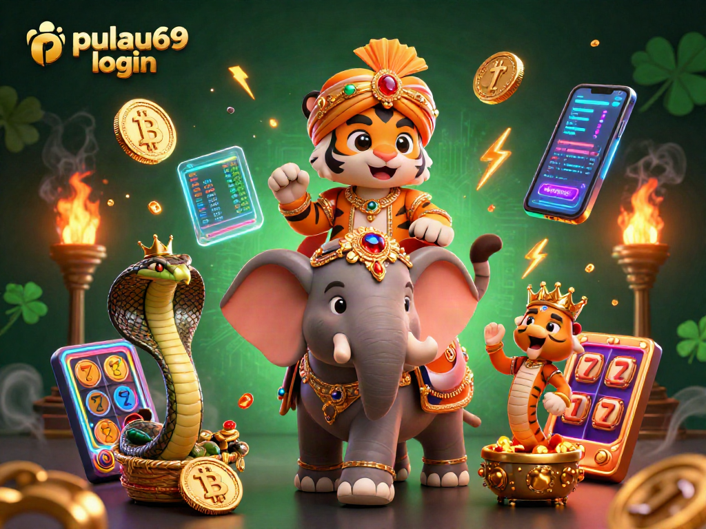 Play exciting games on pulau69 login with vibrant visuals of a tiger, elephant, and crypto elements.