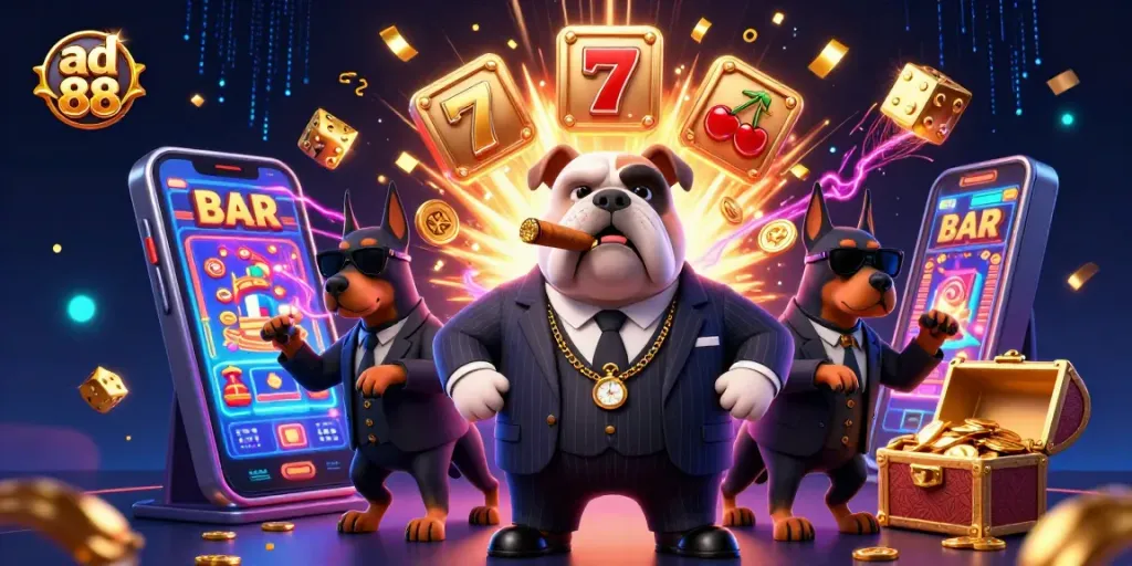 Win big with ad 88 at a vibrant casino scene featuring jackpot explosions and thrilling game elements.