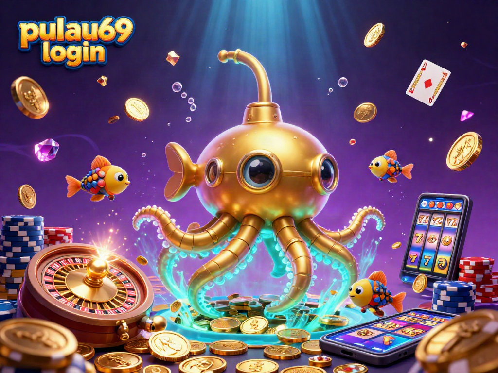 Experience pulau69 login with a vibrant 3D casino scene featuring a golden kraken and mechanical fish swimming in a treasure of coins.