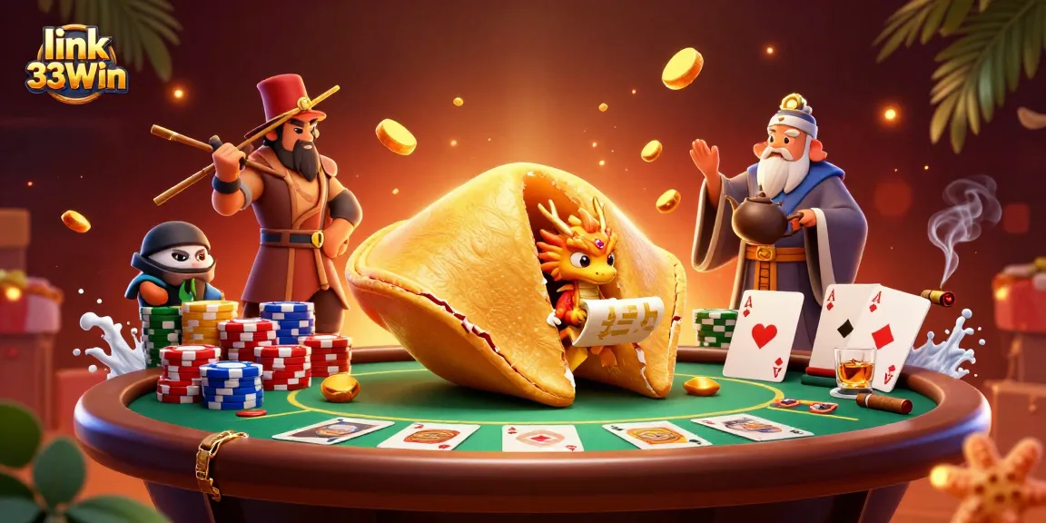 Engage with the thrilling action of link 33Win in this 3D casino scene featuring fortune cookies and poker.