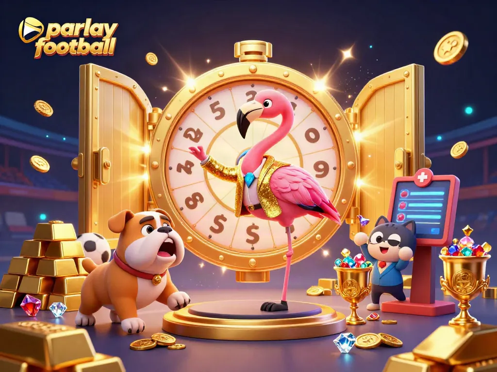 Engage with parlay football fun in a lively scene featuring a flamingo host and a bulldog contestant.
