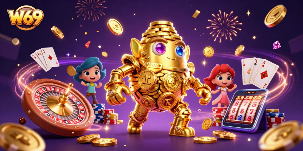W69 ignites excitement with golden golem amid spinning roulette and shining coins.