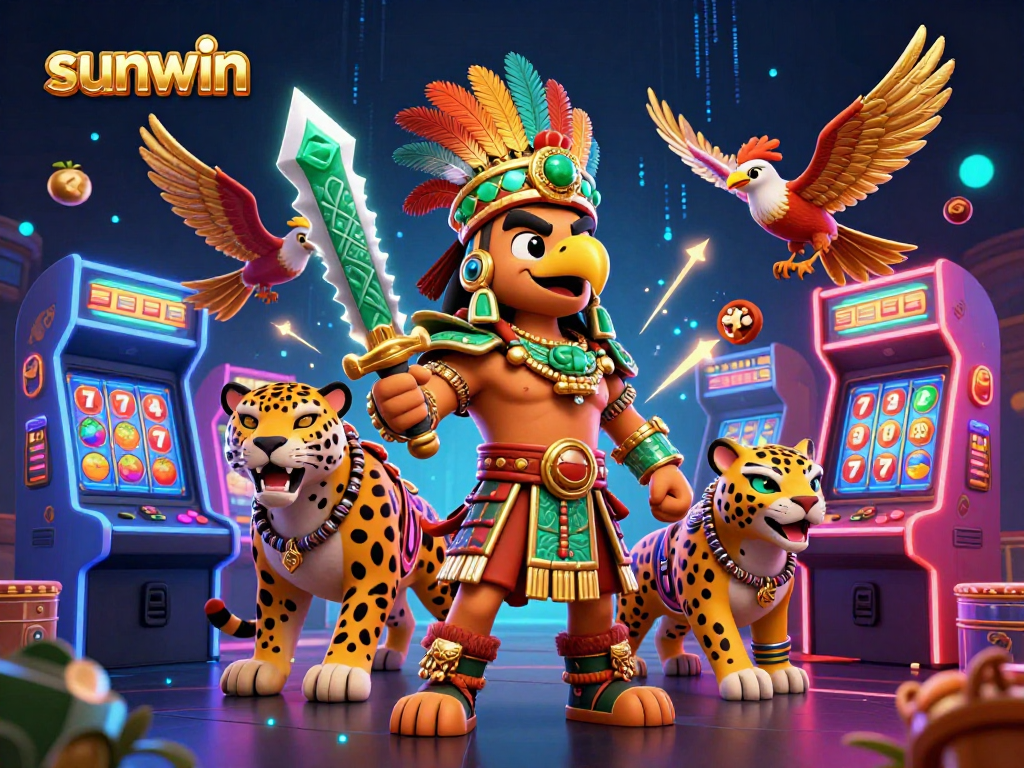 Experience the excitement of sunwin with vibrant 3D characters amidst glowing slot machines and game elements.