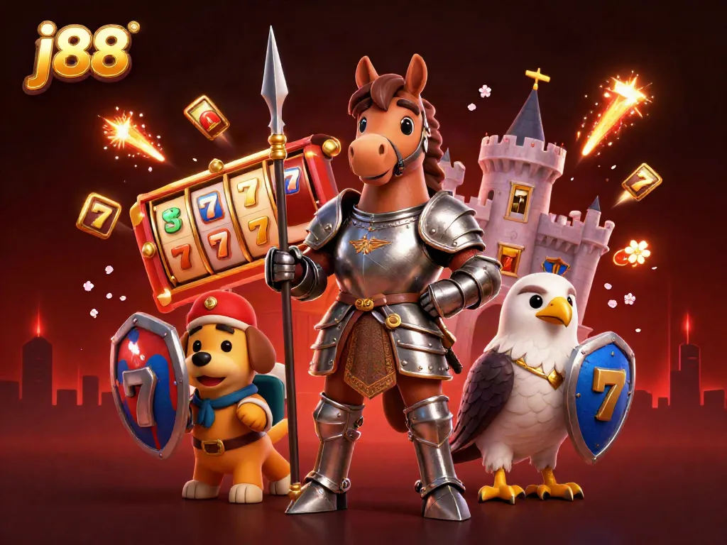 Engage with j88's thrilling casino experience featuring a knight and companions with dynamic slot reels.