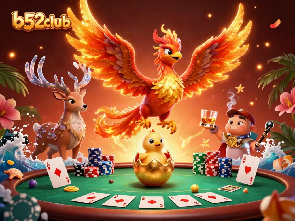 Win big with b52club at this vibrant casino-themed digital illustration featuring iconic game elements.