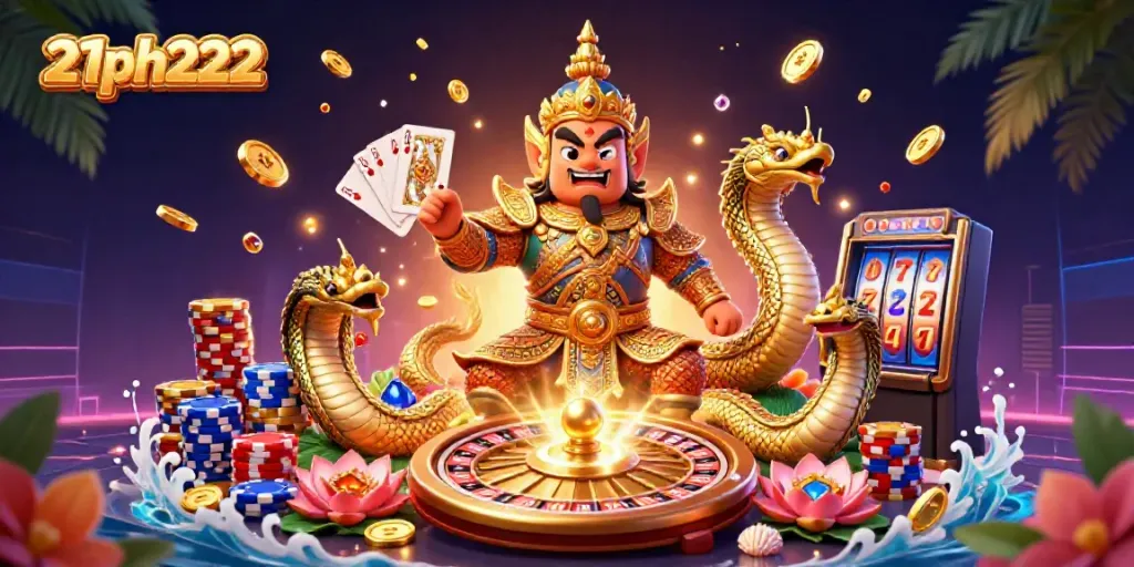 Experience thrilling moments with 21ph222 in this vibrant casino illustration, showcasing dynamic gaming elements.