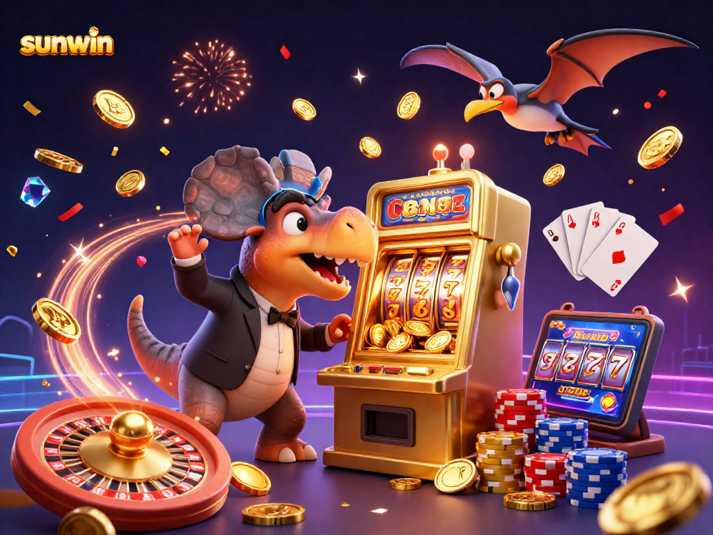 sunwin showcases an animated scene with a dinosaur jackpot frenzy, highlighting casino excitement.