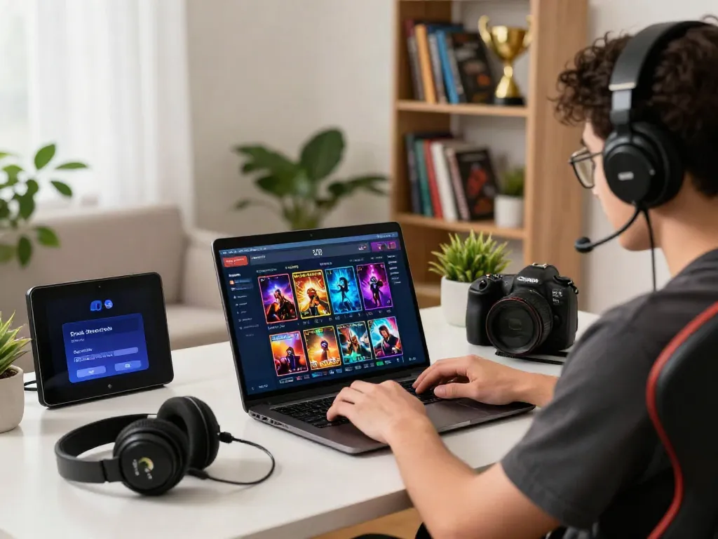 A player exploring a credit card casino on their laptop, immersed in gaming with vibrant accessories.