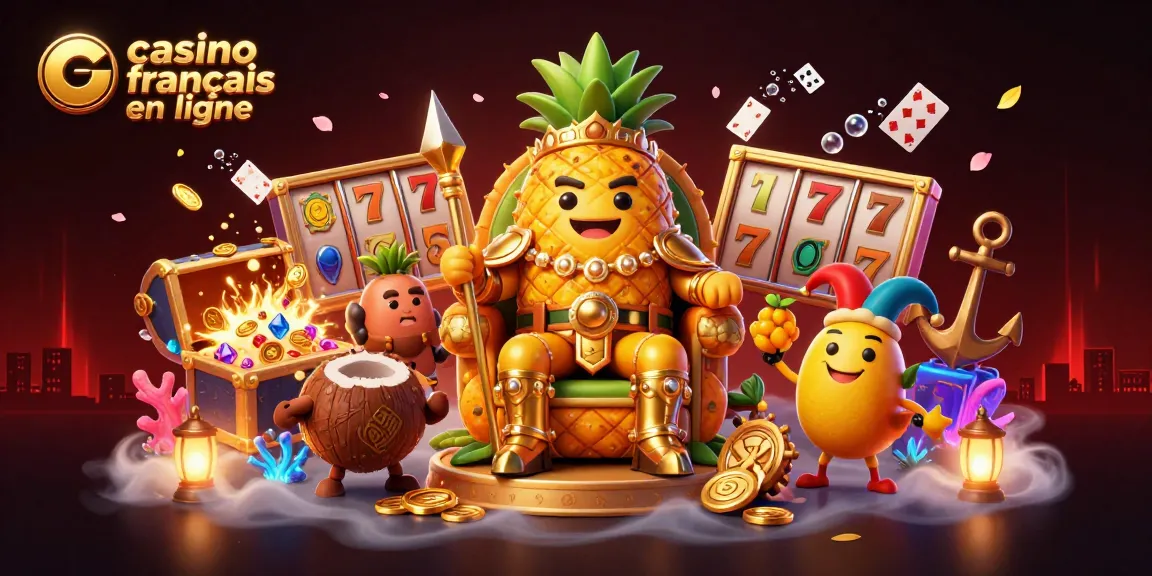 Jouez à casino français en ligne avec un roi ananas 3D et ses gardes entourés d'éléments de jeu dynamiques.