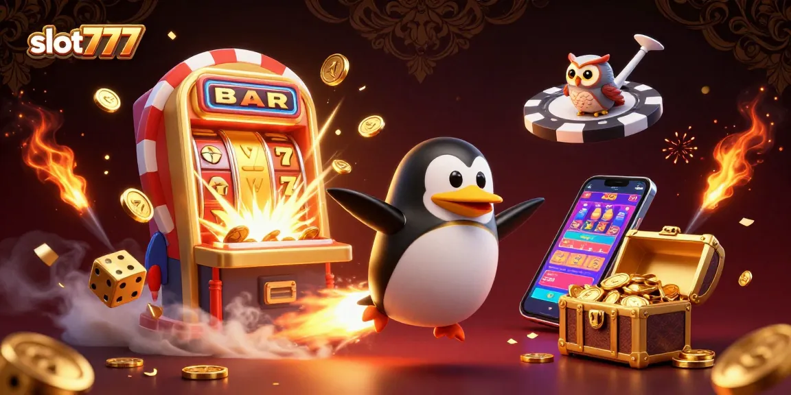 Experience thrilling wins with slot777 as a golden penguin blasts through a vibrant casino space adventure.