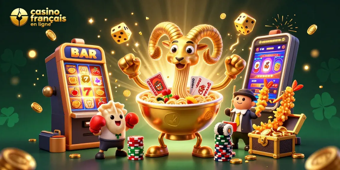 Casino francais en ligne avec un bol géant de ramen et des personnages animés jouant aux cartes.